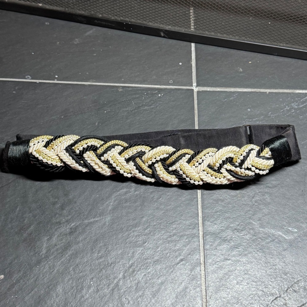 Carolyn Tanner Designs Braided Rope Belt Black Gold Cream Grosgrain Vintage 36in